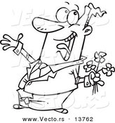 Vector of a Cartoon Happy Man Holding Flowers - Coloring Page Outline by Toonaday