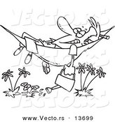 Vector of a Cartoon Happy Man Relaxing in a Hammock and Watering His Flowers - Coloring Page Outline by Toonaday