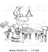 Vector of a Cartoon Happy Stay at Home Dad Setting the Dinner Table - Coloring Page Outline by Toonaday