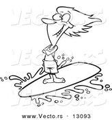 Vector of a Cartoon Happy Surfer Girl Riding a Wave - Outlined Coloring Page by Toonaday