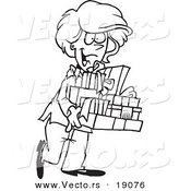 Vector of a Cartoon Happy Woman Carrying Gifts - Outlined Coloring Page by Toonaday