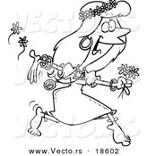 Vector of a Cartoon Hippie Woman Running with Flowers - Outlined Coloring Page by Toonaday
