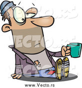 Vector of a Cartoon Homeless White Man Sitting and Holding a Cup by Toonaday