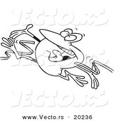 Vector of a Cartoon Hopping Frog Breaking Through the Finish Line Ribbon - Outlined Coloring Page by Toonaday