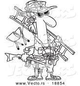 Vector of a Cartoon Hunter Carrying His Gear - Outlined Coloring Page by Toonaday