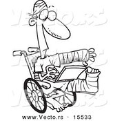 Vector of a Cartoon Injured Guy Using a Laptop in a Wheelchair - Coloring Page Outline by Toonaday