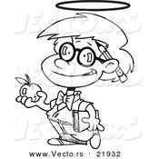 Vector of a Cartoon Innocent School Boy with an Apple - Outlined Coloring Page by Toonaday