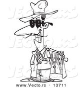 Vector of a Cartoon Knock off Salesman Selling Watches - Coloring Page Outline by Toonaday