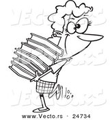 Vector of a Cartoon Librarian or Heavy Reader Carrying a Large Stack of Books - Outlined Coloring Page by Toonaday