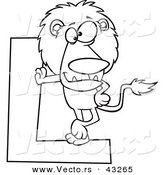 Vector of a Cartoon Lion Leaning Against a Letter L - Coloring Page Outline by Toonaday