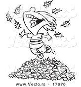 Vector of a Cartoon Little Boy Playing in Leaves - Outlined Coloring Page by Toonaday