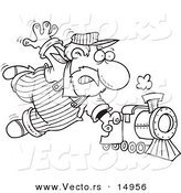 Vector of a Cartoon Locomotive Engineer Holding onto a Fast Steam Train - Coloring Page Outline by Toonaday