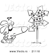 Vector of a Cartoon Lost Dog Staring at Paw Print Signs - Coloring Page Outline by Toonaday