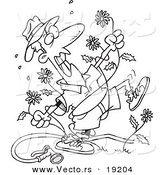 Vector of a Cartoon Mad Man Pulling Dandelions - Outlined Coloring Page by Toonaday