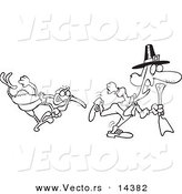 Vector of a Cartoon Mad Turkey Bird Chasing a Pilgrim - Coloring Page Outline by Toonaday