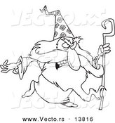 Vector of a Cartoon Mad Wizard with a Cane - Coloring Page Outline by Toonaday