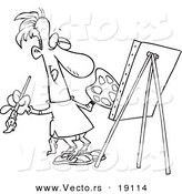 Vector of a Cartoon Male Artist Painting His Masterpiece - Outlined Coloring Page by Toonaday