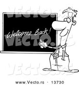 Vector of a Cartoon Male School Teacher Writing Welcome Back on a Chalk Board - Coloring Page Outline by Toonaday