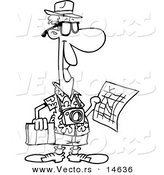 Vector of a Cartoon Male Tourist Holding a Map and Sight Seeing Book - Coloring Page Outline by Toonaday