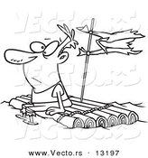 Vector of a Cartoon Man Adrift on a Log Raft - Coloring Page Outline by Toonaday