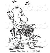 Vector of a Cartoon Man Blowing into a French Horn - Coloring Page Outline by Toonaday