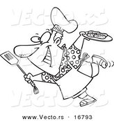 Vector of a Cartoon Man Carrying a Plate of Food to His Bbq - Coloring Page Outline by Toonaday
