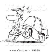 Vector of a Cartoon Man Cuddling with His Car - Coloring Page Outline by Toonaday