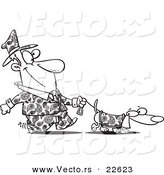 Vector of a Cartoon Man Dressed in Paisley, Walking His Wiener Dog - Coloring Page Outline by Toonaday