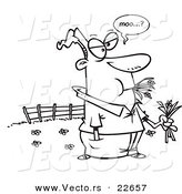 Vector of a Cartoon Man Eating Hay and Mooing in a Pasture - Coloring Page Outline by Toonaday