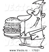 Vector of a Cartoon Man Holding a Big Burger - Coloring Page Outline by Toonaday