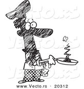 Vector of a Cartoon Man Holding a Smoking Frying Pan - Coloring Page Outline by Toonaday