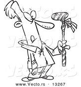Vector of a Cartoon Man Holding a Wrapped Golf Club - Coloring Page Outline by Toonaday