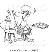 Vector of a Cartoon Man Holding Ribs by His Bbq - Outlined Coloring Page Drawing by Toonaday