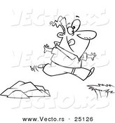 Vector of a Cartoon Man Jumping to a Greener Side - Coloring Page Outline by Toonaday