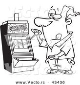 Vector of a Cartoon Man Playing a Casino Slot Machine - Coloring Page Outline by Toonaday