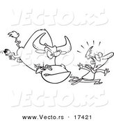 Vector of a Cartoon Man Running from a Bull - Coloring Page Outline by Toonaday