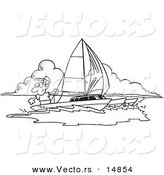 Vector of a Cartoon Man Sailing a Trimaran - Coloring Page Outline by Toonaday