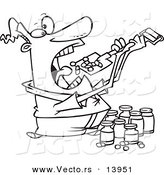 Vector of a Cartoon Man Shoveling Dietary Supplements into His Mouth - Coloring Page Outline by Toonaday