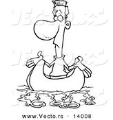 Vector of a Cartoon Man Shrugging in a Boat, up a Creek and Without a Paddle - Coloring Page Outline by Toonaday