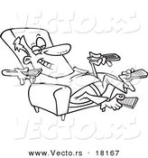 Vector of a Cartoon Man Sitting in a Recliner and Holding Many Remote Controls - Outlined Coloring Page by Toonaday