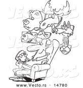 Vector of a Cartoon Man Surrounded by His Mounted Animal Trophy Heads - Coloring Page Outline by Toonaday