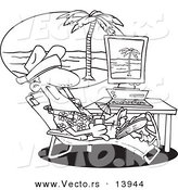 Vector of a Cartoon Man Taking a Virtual Vacation in His Office - Coloring Page Outline by Toonaday