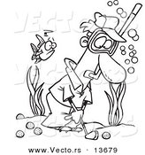 Vector of a Cartoon Man Wearing a Snorkel Mask and Golfing Underwater - Coloring Page Outline by Toonaday