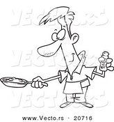 Vector of a Cartoon Man Wearing an Apron and Cooking Eggs - Coloring Page Outline by Toonaday