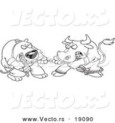 Vector of a Cartoon Market Bull and Bear Engaged in Tug of War - Outlined Coloring Page by Toonaday