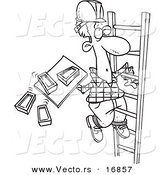 Vector of a Cartoon Mason Carrying Bricks on a Ladder - Coloring Page Outline by Toonaday