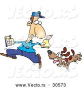 Vector of a Cartoon Meter Man Running from an Aggressive Dog by Toonaday