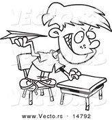 Vector of a Cartoon Mischievous School Boy Throwing Paper Planes in Class - Coloring Page Outline by Toonaday