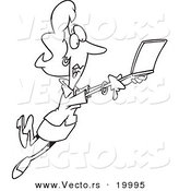 Vector of a Cartoon Mobile Businesswoman Taking off with Her Laptop - Outlined Coloring Page by Toonaday