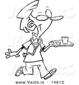 Vector of a Cartoon Nurse Carrying a Tray of Cafeteria Food - Coloring Page Outline by Toonaday